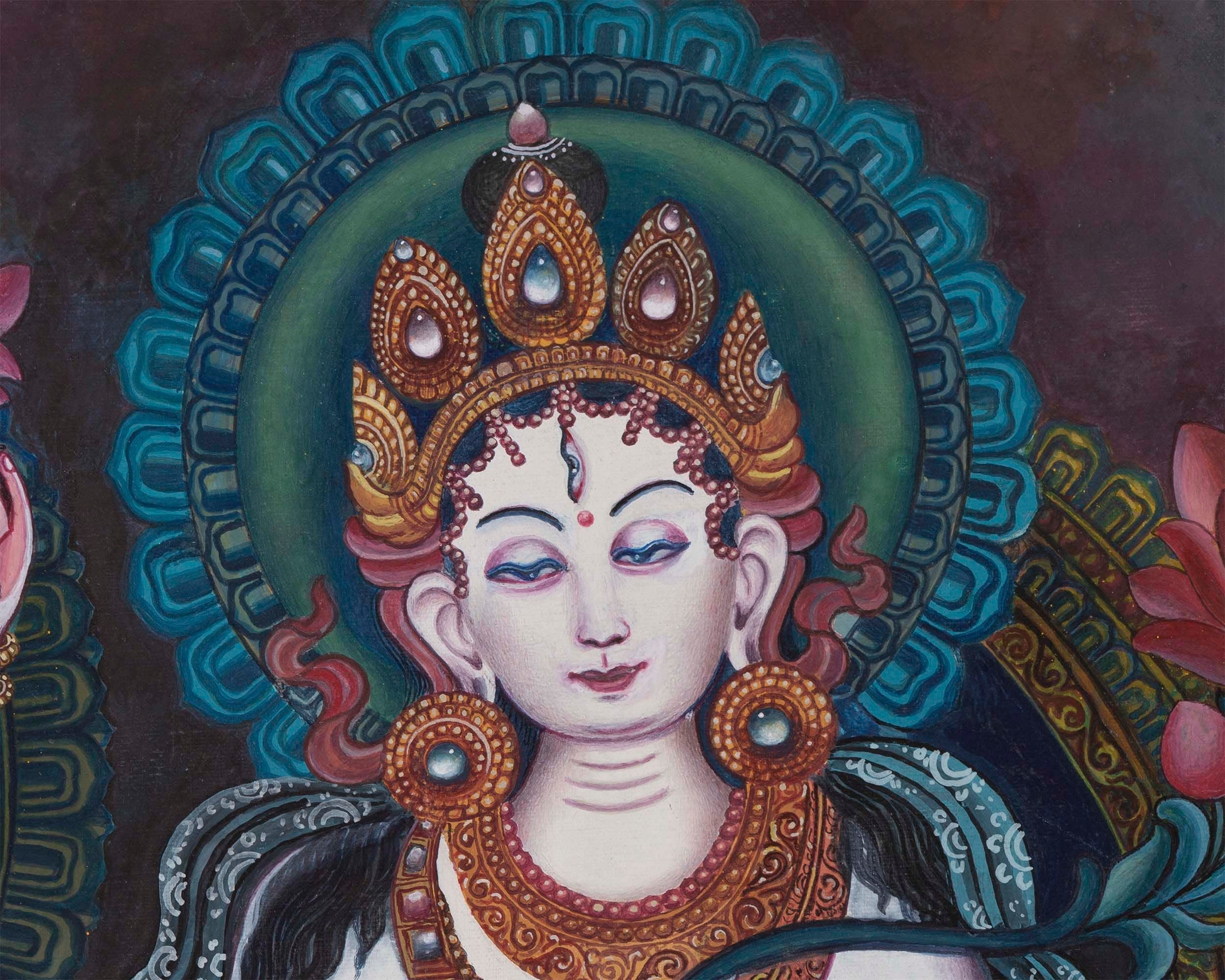 Handpainted Boddhisattvas Thangka | Chenrezig, White, and Green Tara |  Artwork