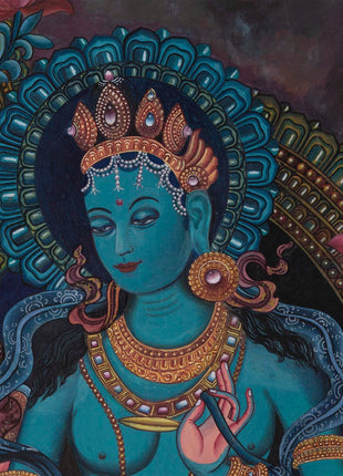 Handpainted Boddhisattvas Thangka | Chenrezig, White, and Green Tara |  Artwork