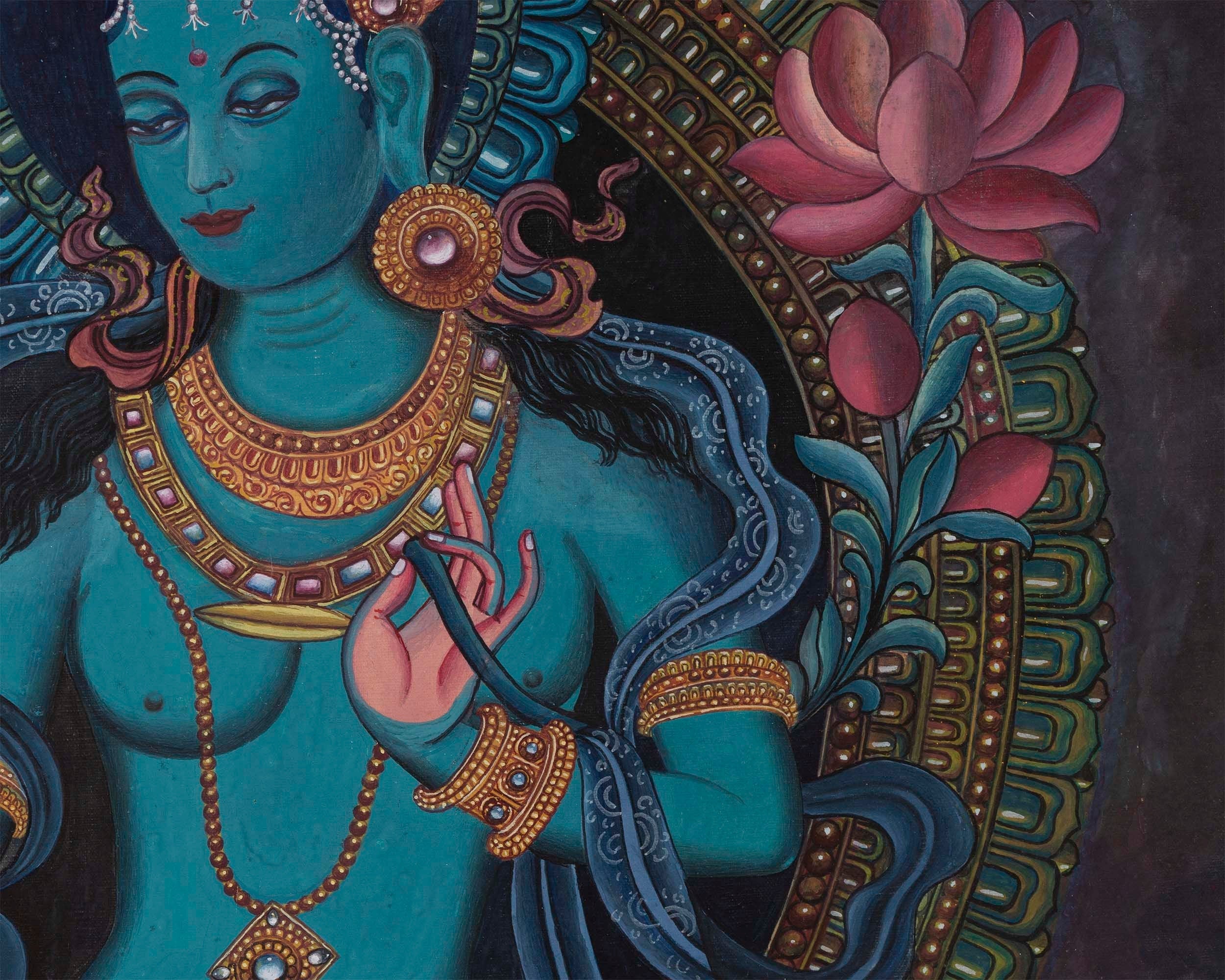 Handpainted Boddhisattvas Thangka | Chenrezig, White, and Green Tara |  Artwork