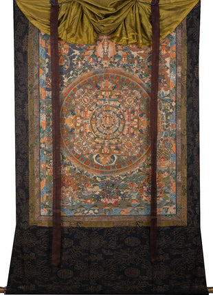 Vintage Mandala Thangka Painting | Tibetan Style Heavy Silk brocade with veil and Windties