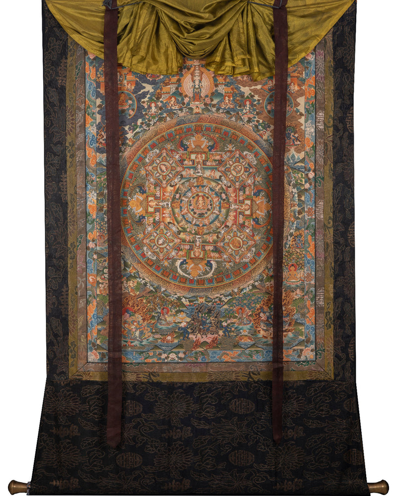 Vintage Mandala Thangka Painting | Tibetan Style Heavy Silk brocade with veil and Windties