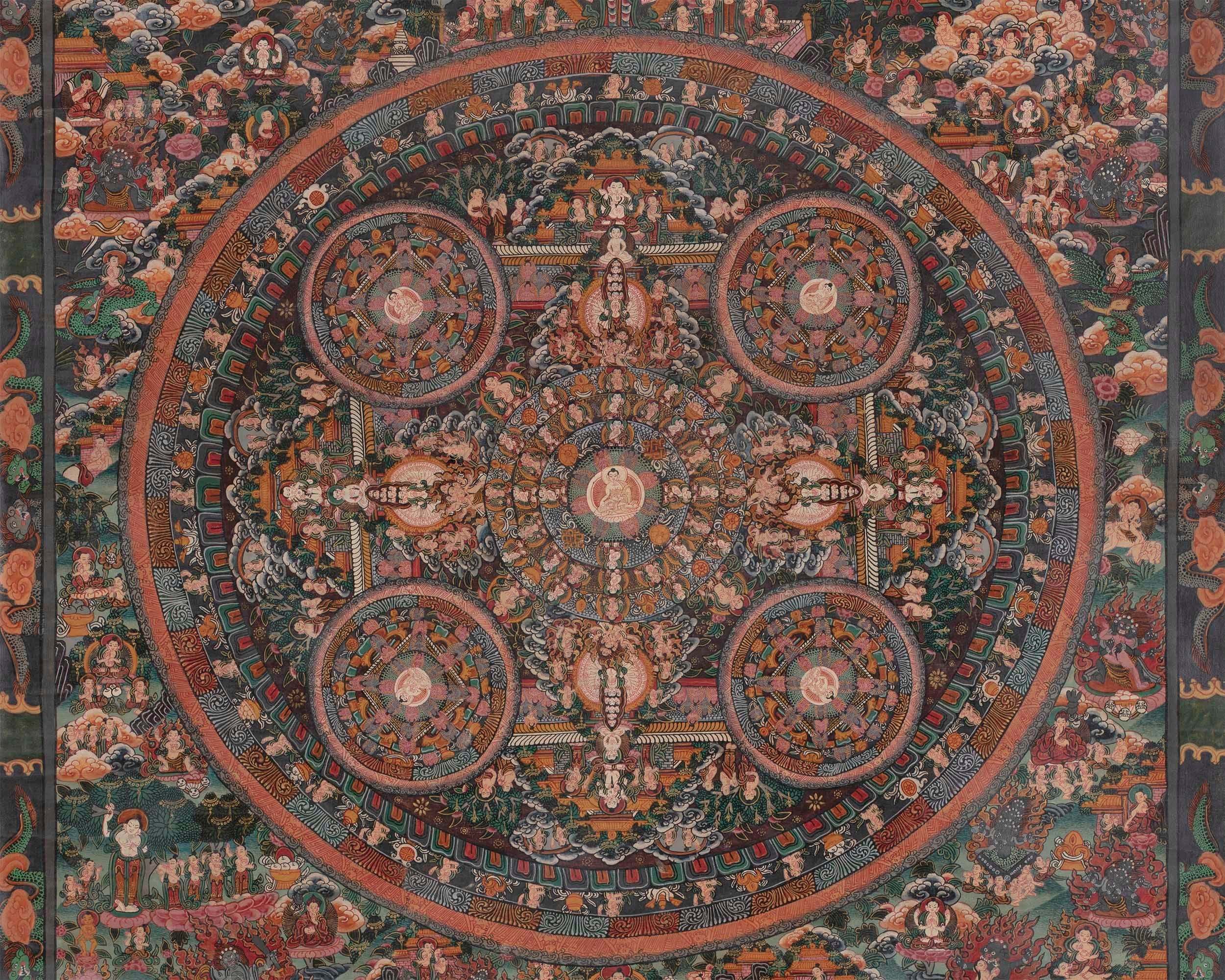 Vintage Mandala Thangka | Original Brocade Mounted Painting