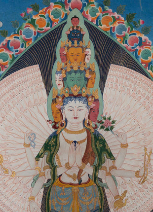 Vintage Avalokiteshvara Thangka | Manjushree, Vajrapani, White & Green Tara