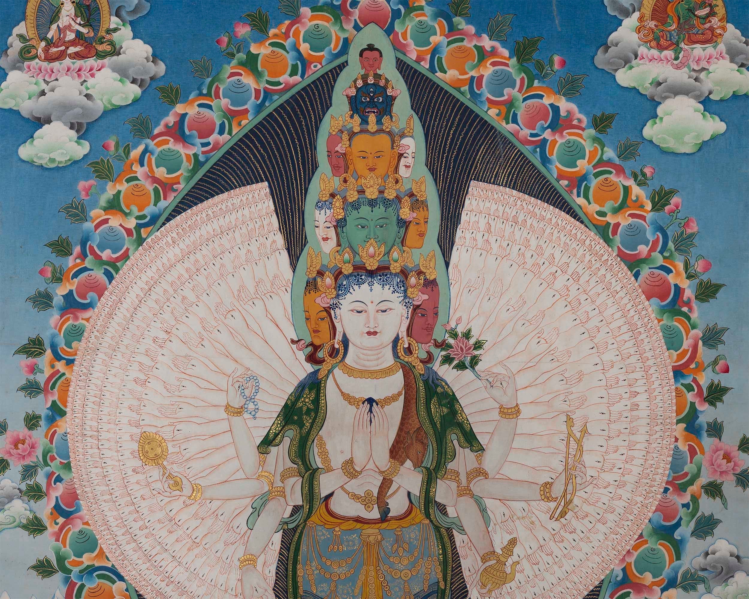 Vintage Avalokiteshvara Thangka | Manjushree, Vajrapani, White & Green Tara