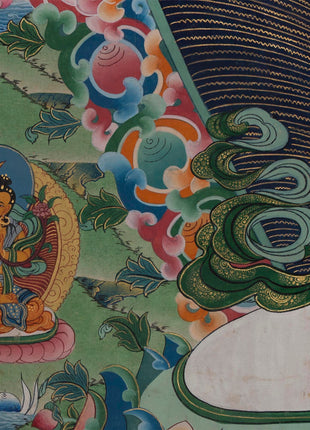 Vintage Avalokiteshvara Thangka | Manjushree, Vajrapani, White & Green Tara