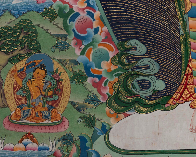 Vintage Avalokiteshvara Thangka | Manjushree, Vajrapani, White & Green Tara
