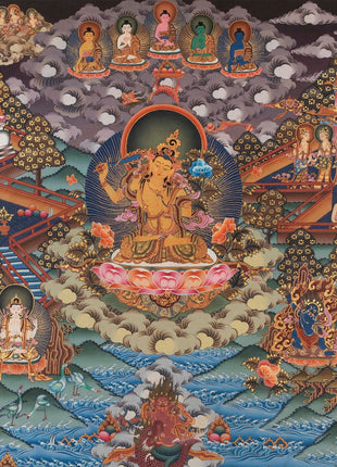 Manjushri and Kathmandu | Swayambhu Folk Lore Representation | Vintage Thangka Painting