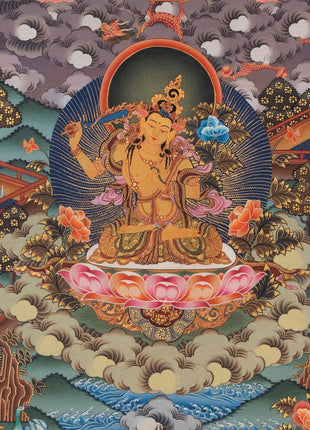 Manjushri and Kathmandu | Swayambhu Folk Lore Representation | Vintage Thangka Painting