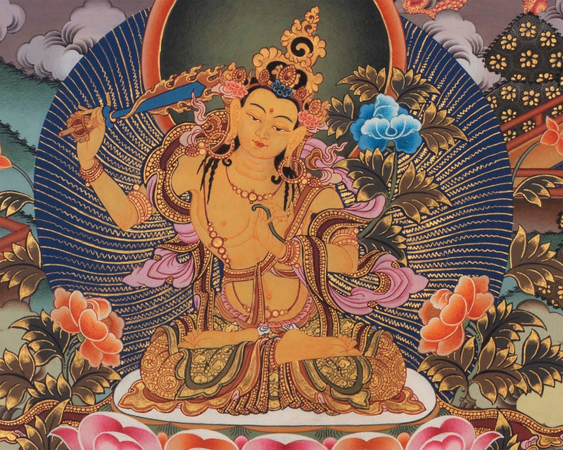 Manjushri and Kathmandu | Swayambhu Folk Lore Representation | Vintage Thangka Painting