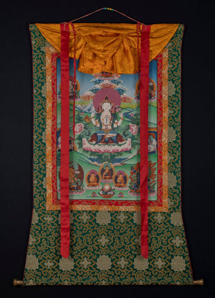Original Vintage Chenrezig Thanka with Brocade | Traditional Thangka Art