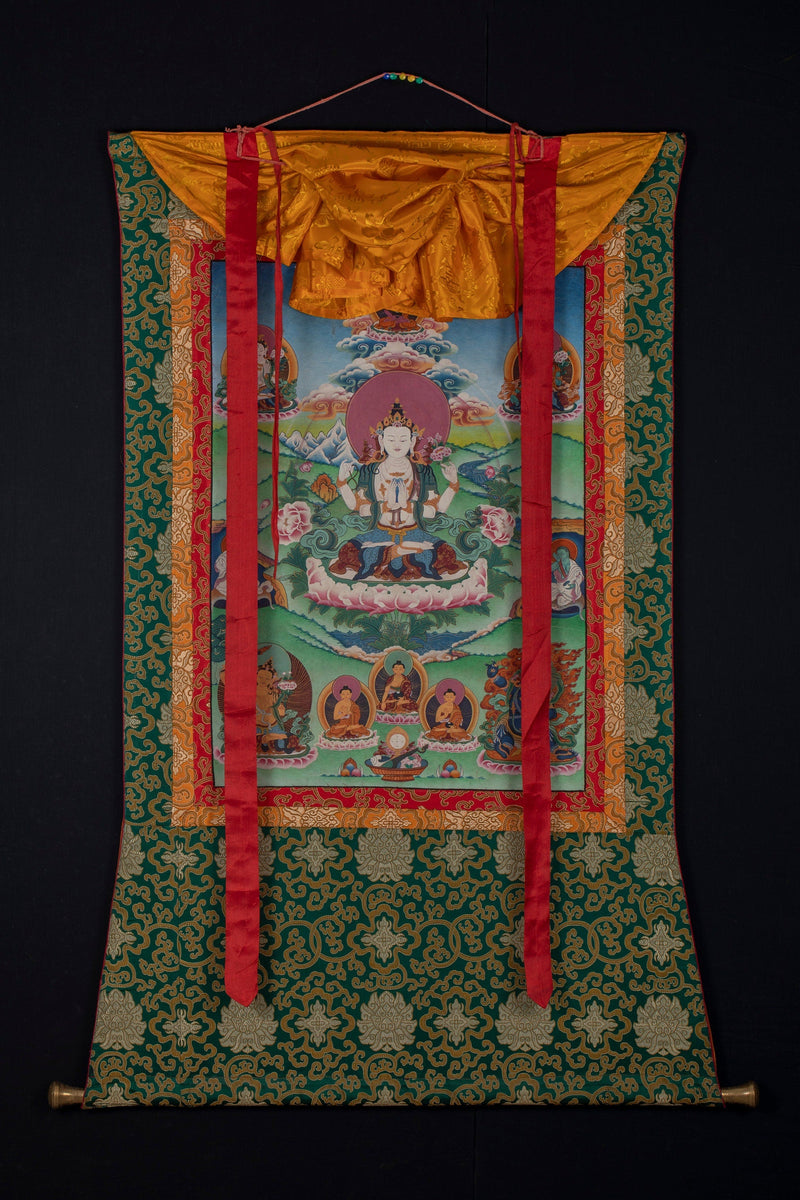 Original Vintage Chenrezig Thanka with Brocade | Traditional Thangka Art