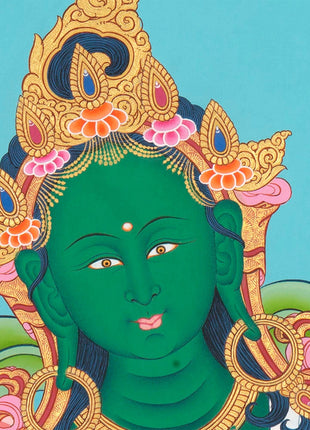 Goddess Green Tara Thangka | Cotton Canvas Hand Painting | Religous Wall Decor