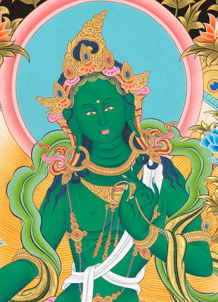 Goddess Green Tara Thangka | Cotton Canvas Hand Painting | Religous Wall Decor