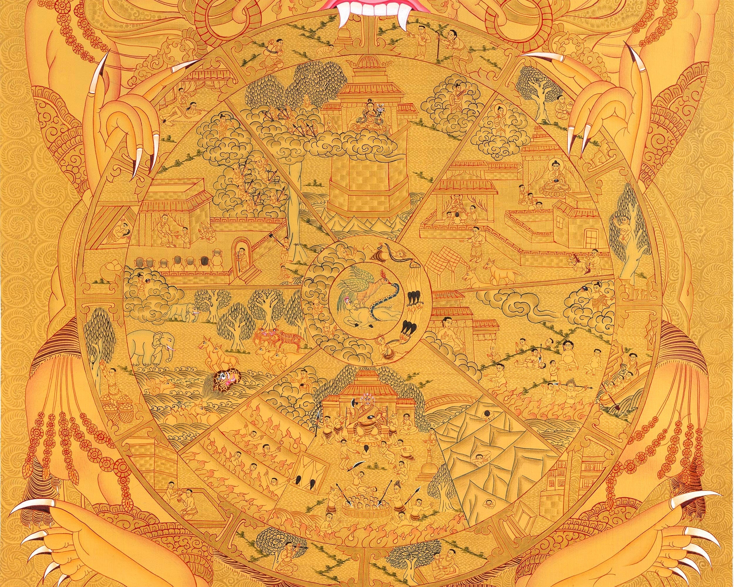 Wheel Of Life Thangka With Full Gold Painted | Wall Decoration Painting | Art Painting for Meditation and Good Luck to house