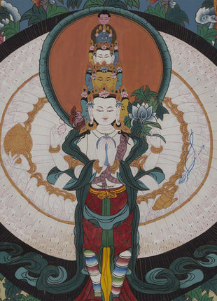 Vintage Arya Lokeshvara | Old Brocade mounted Chengrezig Thangka