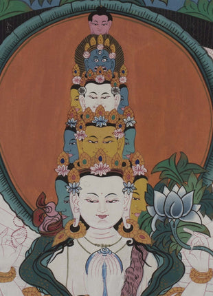 Vintage Arya Lokeshvara | Old Brocade mounted Chengrezig Thangka
