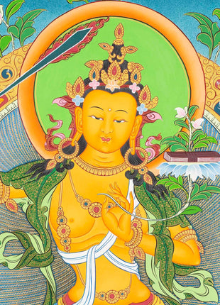 Manjushri Thangka  | Flanked By Avalokiteshvara And Vajrapani