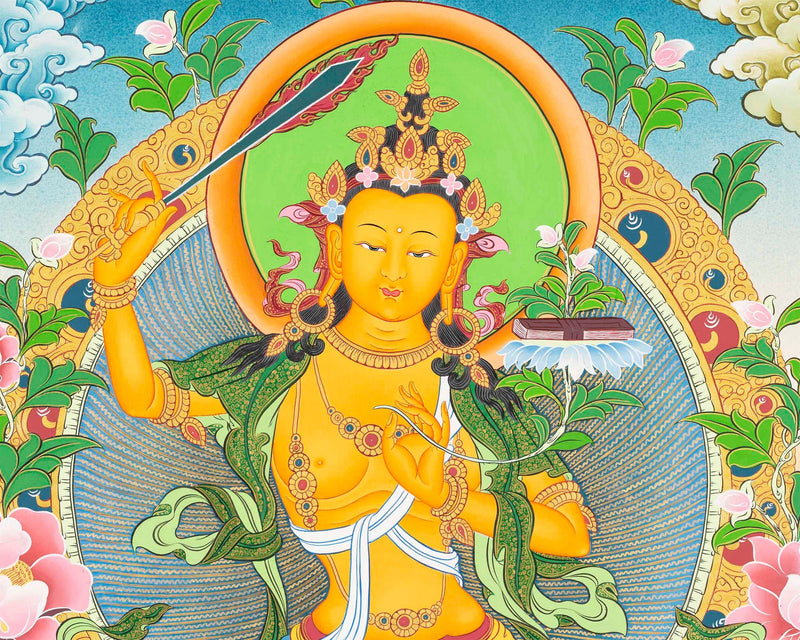 Manjushri Thangka  | Flanked By Avalokiteshvara And Vajrapani