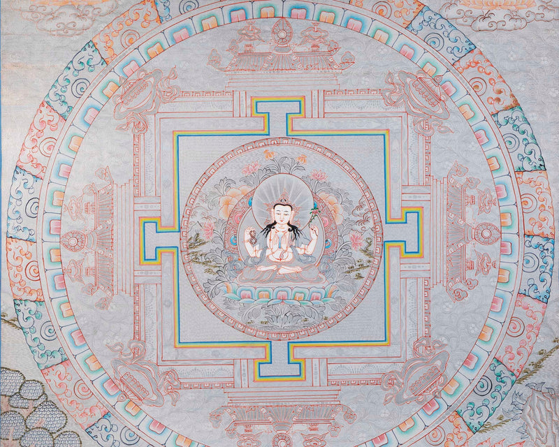 Chegrezig Mandala Thangka | Hand Painted covered with Pure Silver