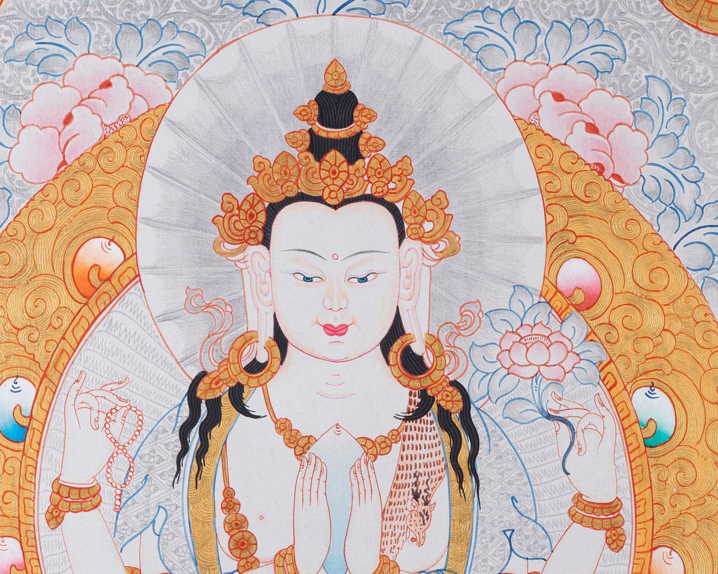 Bodhisattva Chenrezig | 4 Armed Chengrezig Thangka Painting with Om Mani Padme Hum Mantra