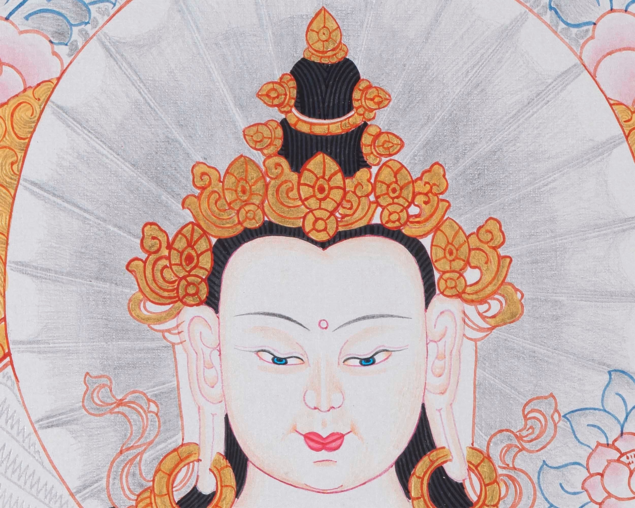 Bodhisattva Chenrezig | 4 Armed Chengrezig Thangka Painting with Om Mani Padme Hum Mantra