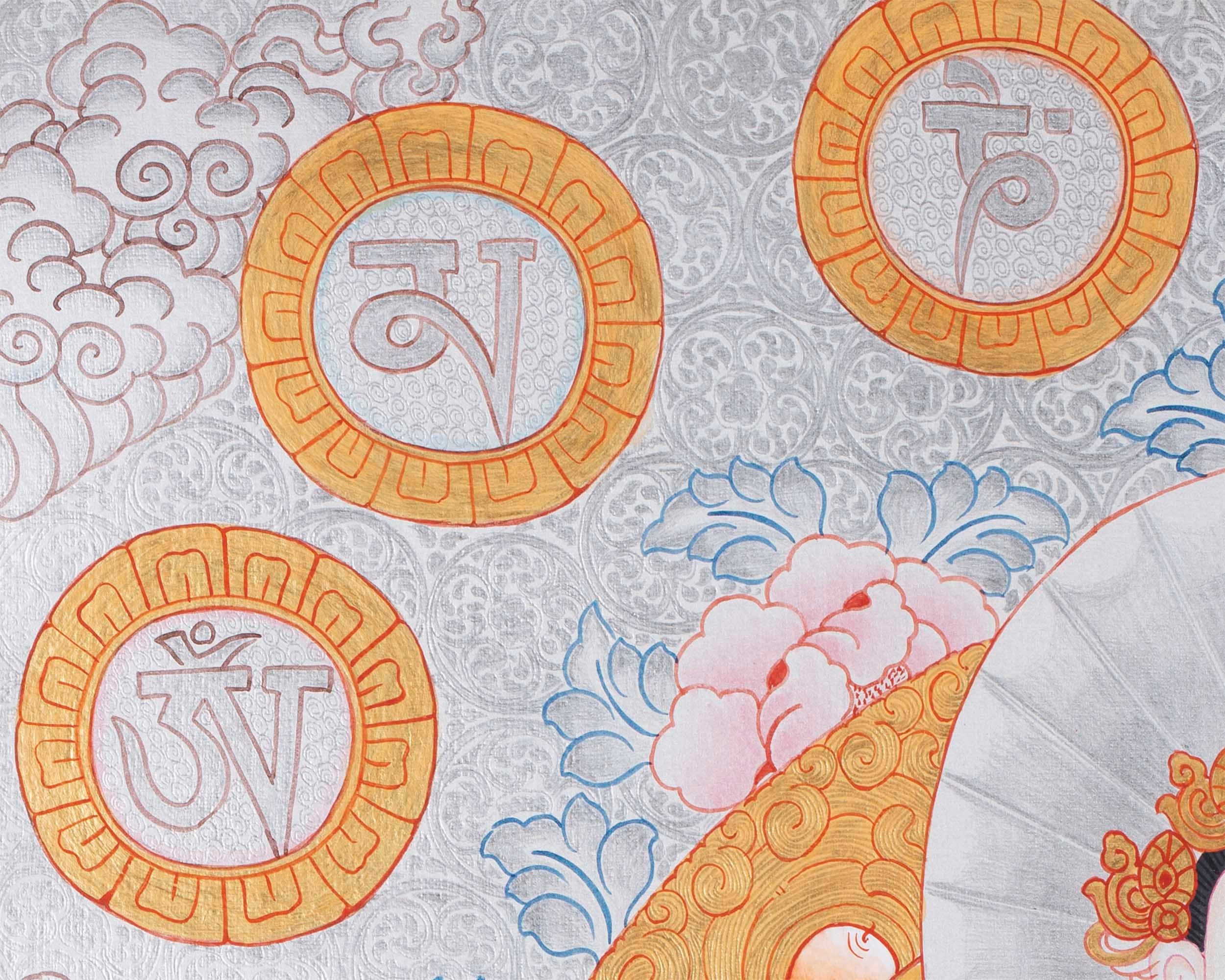 Bodhisattva Chenrezig | 4 Armed Chengrezig Thangka Painting with Om Mani Padme Hum Mantra