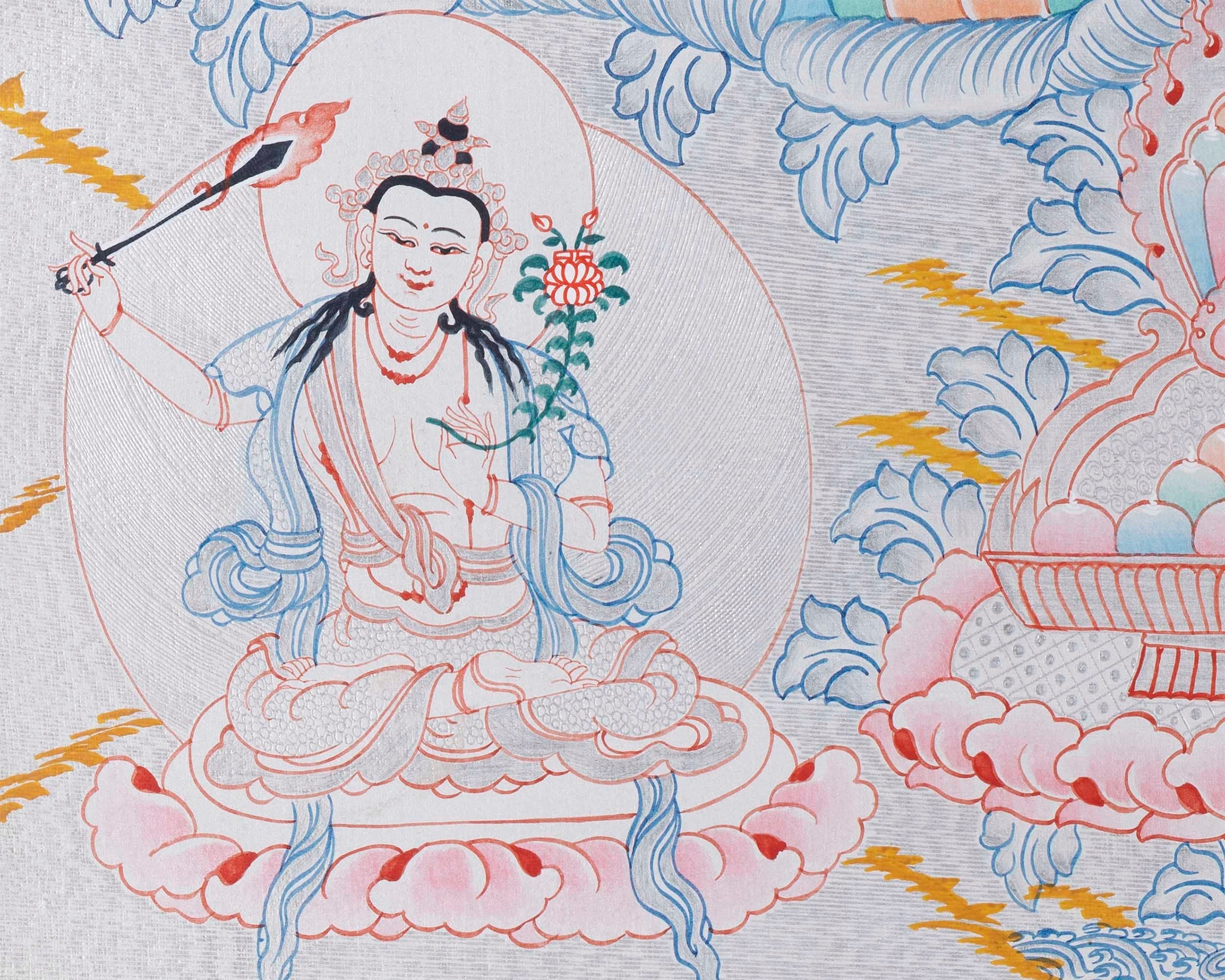 Bodhisattva Chenrezig | 4 Armed Chengrezig Thangka Painting with Om Mani Padme Hum Mantra