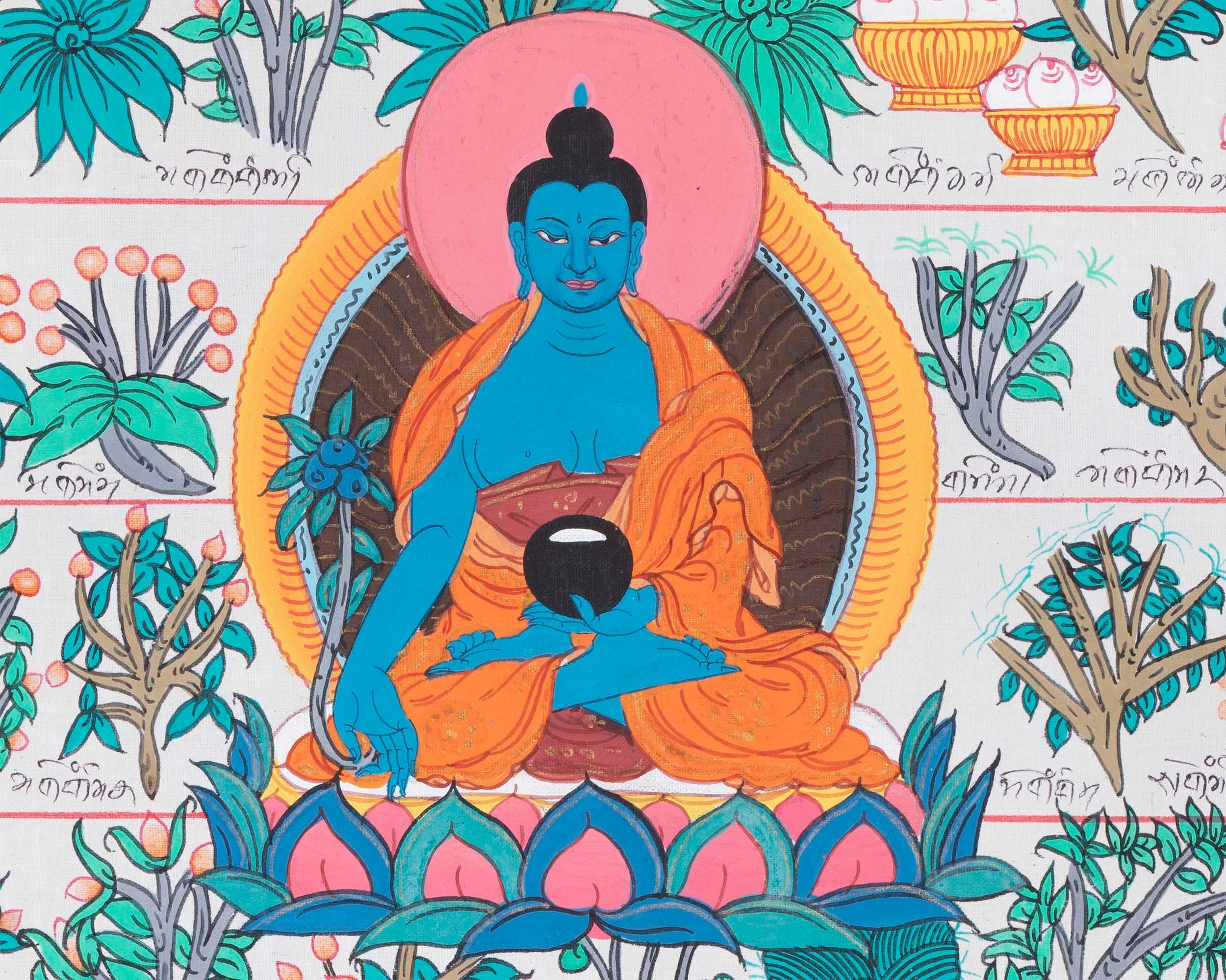 Tibetan Medicinal Herbs and Plants Thangka | Medicinal Painting