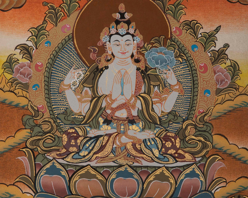 Tibetan Chengrezig Thangka | Original Wall Hanging Hand Paint