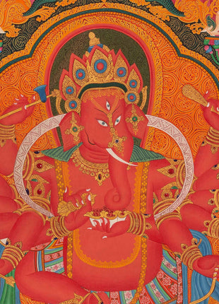 Ganapati Thangka Painting | Handmade Buddhist Sakya Red Ganesha