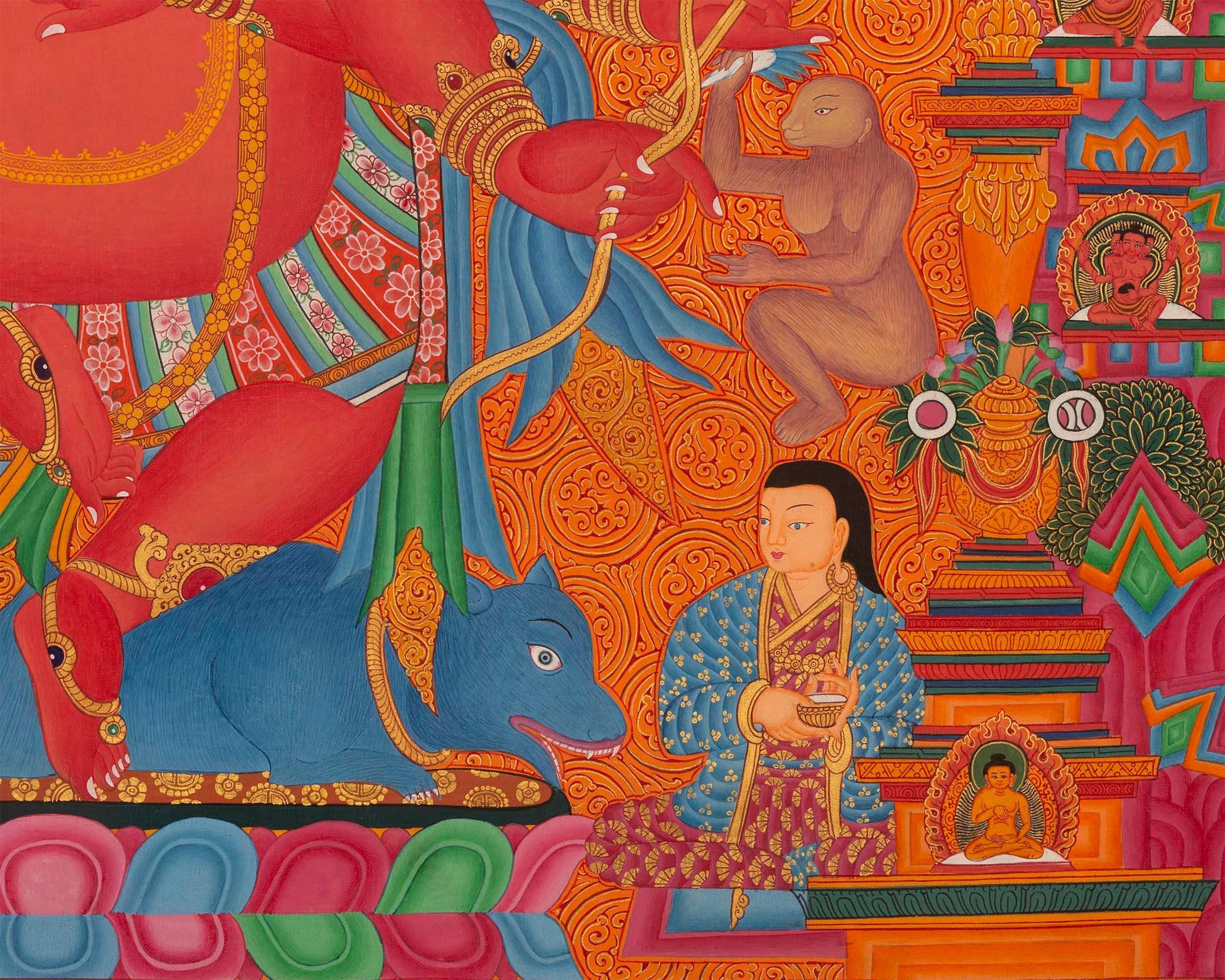 Ganapati Thangka Painting | Handmade Buddhist Sakya Red Ganesha