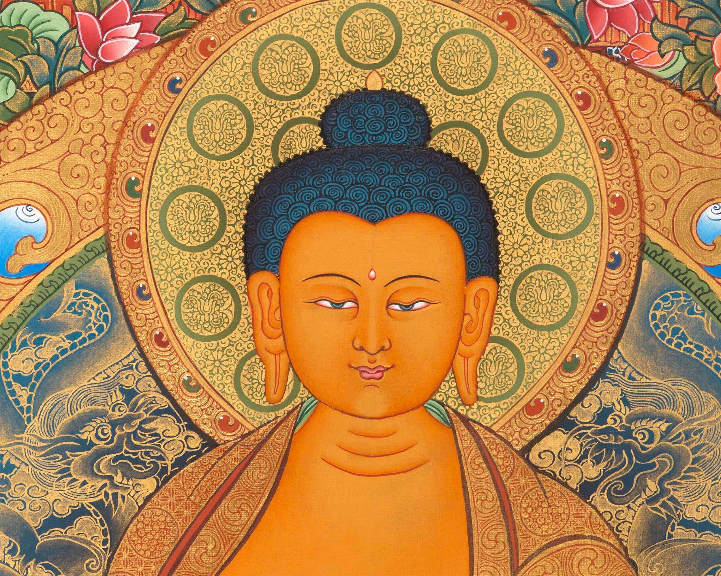 Traditional Shakyamuni Buddha Thangka | Large Traditional Panoramic Wall Art To Aid Meditation Yoga | 24 K Gold Artwork