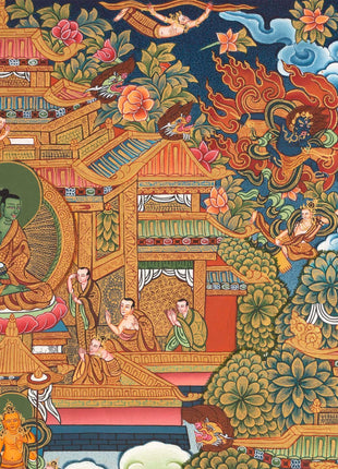 Traditional Shakyamuni Buddha Thangka | Large Traditional Panoramic Wall Art To Aid Meditation Yoga | 24 K Gold Artwork