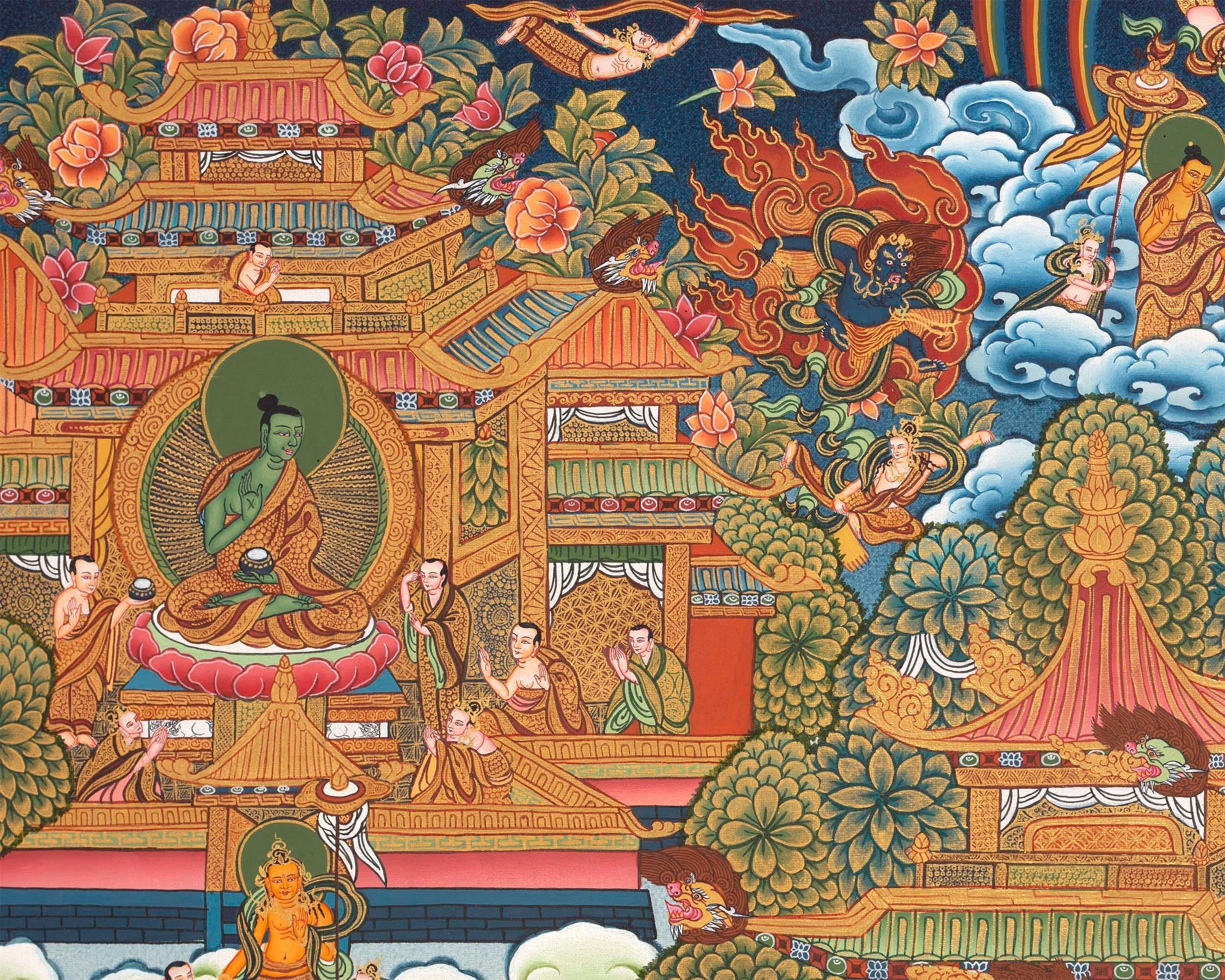 Traditional Shakyamuni Buddha Thangka | Large Traditional Panoramic Wall Art To Aid Meditation Yoga | 24 K Gold Artwork
