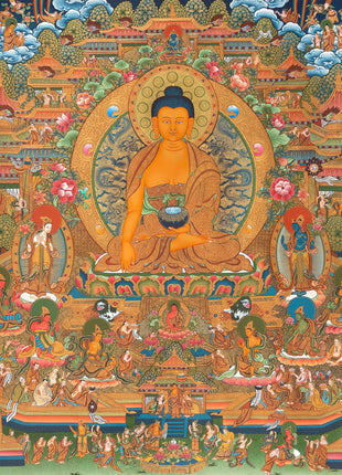 Traditional Shakyamuni Buddha Thangka | Large Traditional Panoramic Wall Art To Aid Meditation Yoga | 24 K Gold Artwork