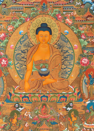 Traditional Shakyamuni Buddha Thangka | Large Traditional Panoramic Wall Art To Aid Meditation Yoga | 24 K Gold Artwork