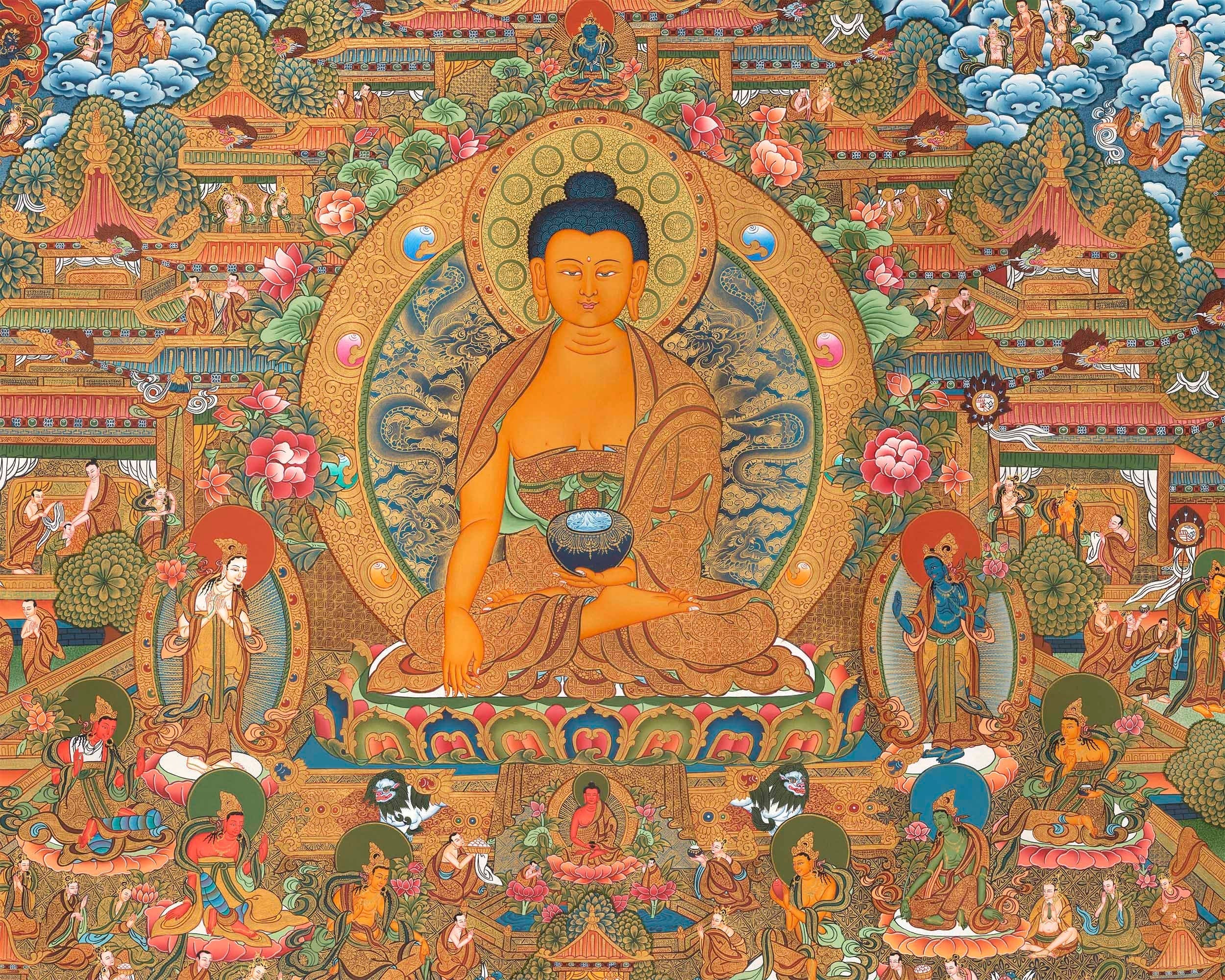 Traditional Shakyamuni Buddha Thangka | Large Traditional Panoramic Wall Art To Aid Meditation Yoga | 24 K Gold Artwork