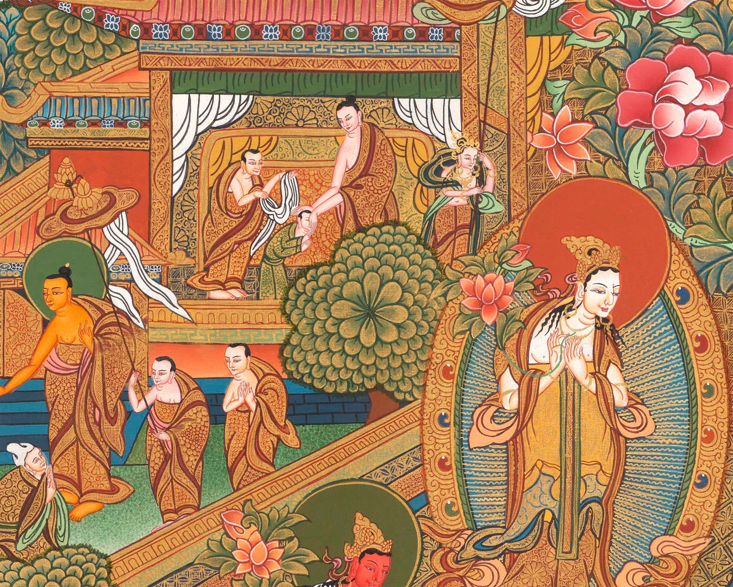 Traditional Shakyamuni Buddha Thangka | Large Traditional Panoramic Wall Art To Aid Meditation Yoga | 24 K Gold Artwork