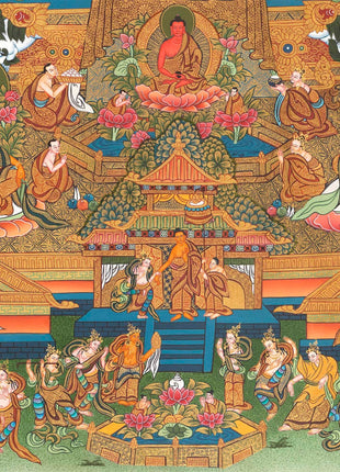 Traditional Shakyamuni Buddha Thangka | Large Traditional Panoramic Wall Art To Aid Meditation Yoga | 24 K Gold Artwork