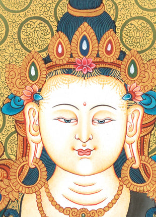 Traditional 4 Armed Chengrezig Buddha | Horizontal Original Thangka Painting | 24K Gold Work