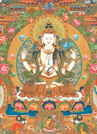 Traditional 4 Armed Chengrezig Buddha | Horizontal Original Thangka Painting | 24K Gold Work