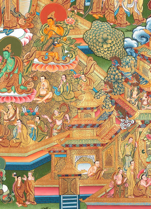 Traditional 4 Armed Chengrezig Buddha | Horizontal Original Thangka Painting | 24K Gold Work