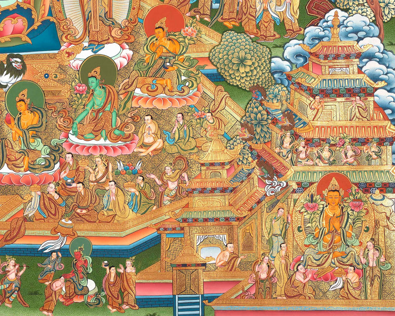 Traditional 4 Armed Chengrezig Buddha | Horizontal Original Thangka Painting | 24K Gold Work