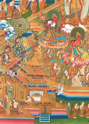 Traditional 4 Armed Chengrezig Buddha | Horizontal Original Thangka Painting | 24K Gold Work