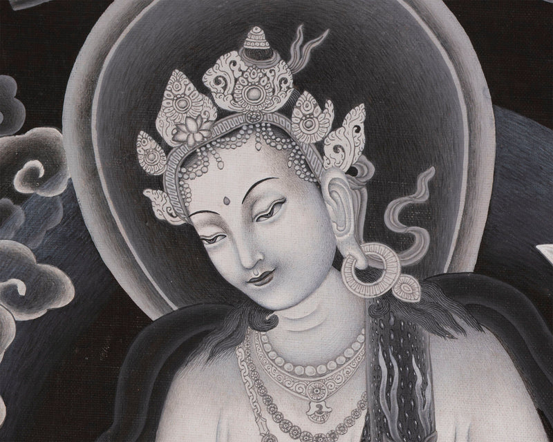 Padmapani Avalokiteshvara Thangka Painting | Black and White Buddhist Art