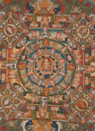 Vintage Mandala Thangka Painting | Tibetan Style Heavy Silk brocade with veil and Windties