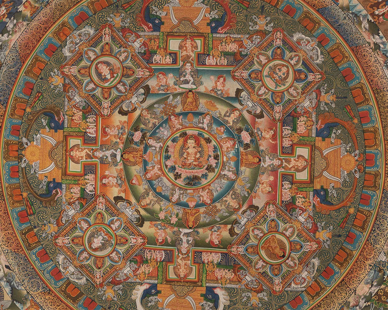 Vintage Mandala Thangka Painting | Tibetan Style Heavy Silk brocade with veil and Windties