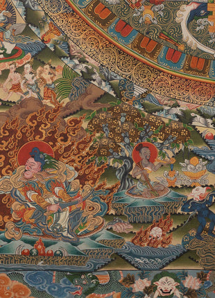 Vintage Mandala Thangka Painting | Tibetan Style Heavy Silk brocade with veil and Windties