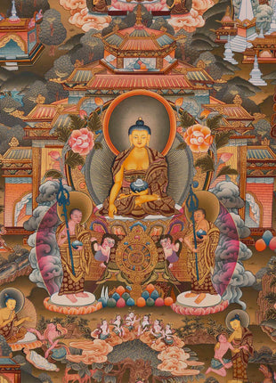 Bhagvana Buddha Life Story Thangka Painting | For Awareness Into Your Lives By Contemplating The Teachings Of The Sage | Religious Wall Decor
