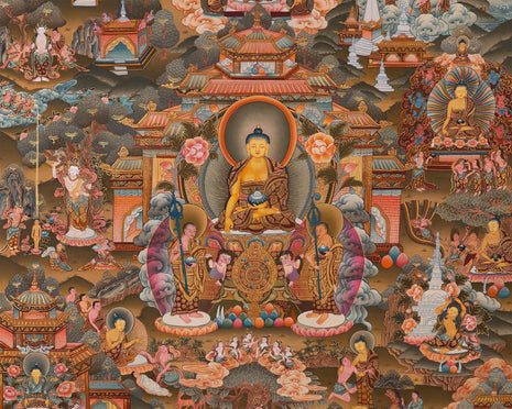 Bhagvana Buddha Life Story Thangka Painting | For Awareness Into Your Lives By Contemplating The Teachings Of The Sage | Religious Wall Decor